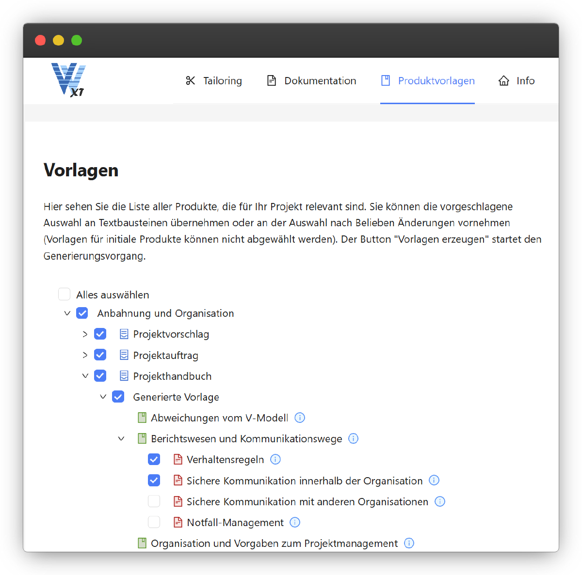 Abbildung 4: Auswahl von Produkttypen für den Export von Vorlagen